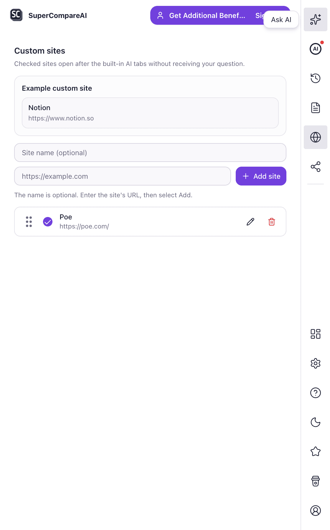 Add your own sites screen